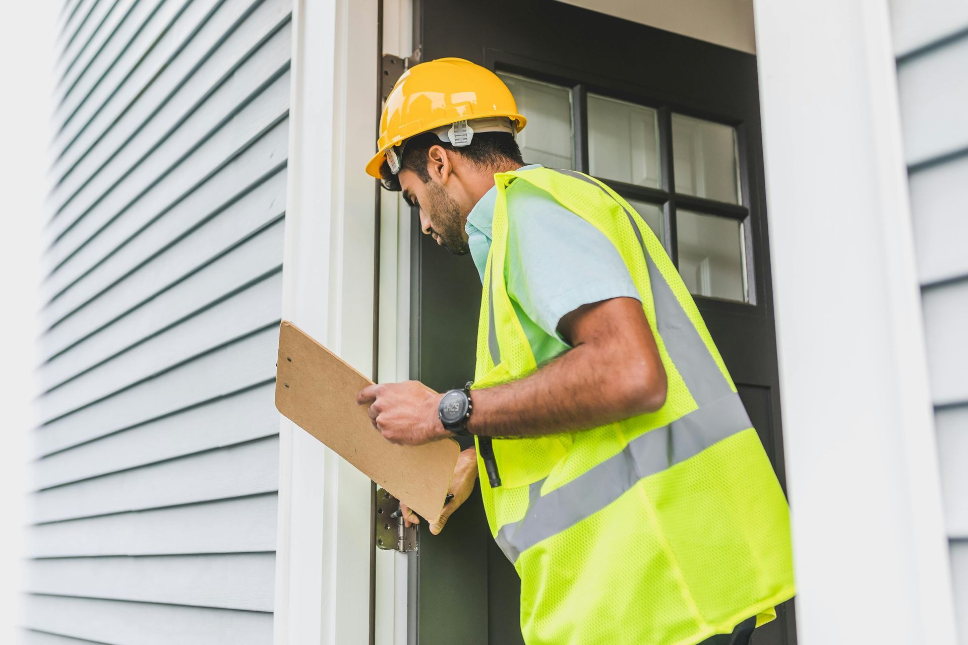 A man wearing a hard hat and safety vest is standing in front of a door holding a clipboard.