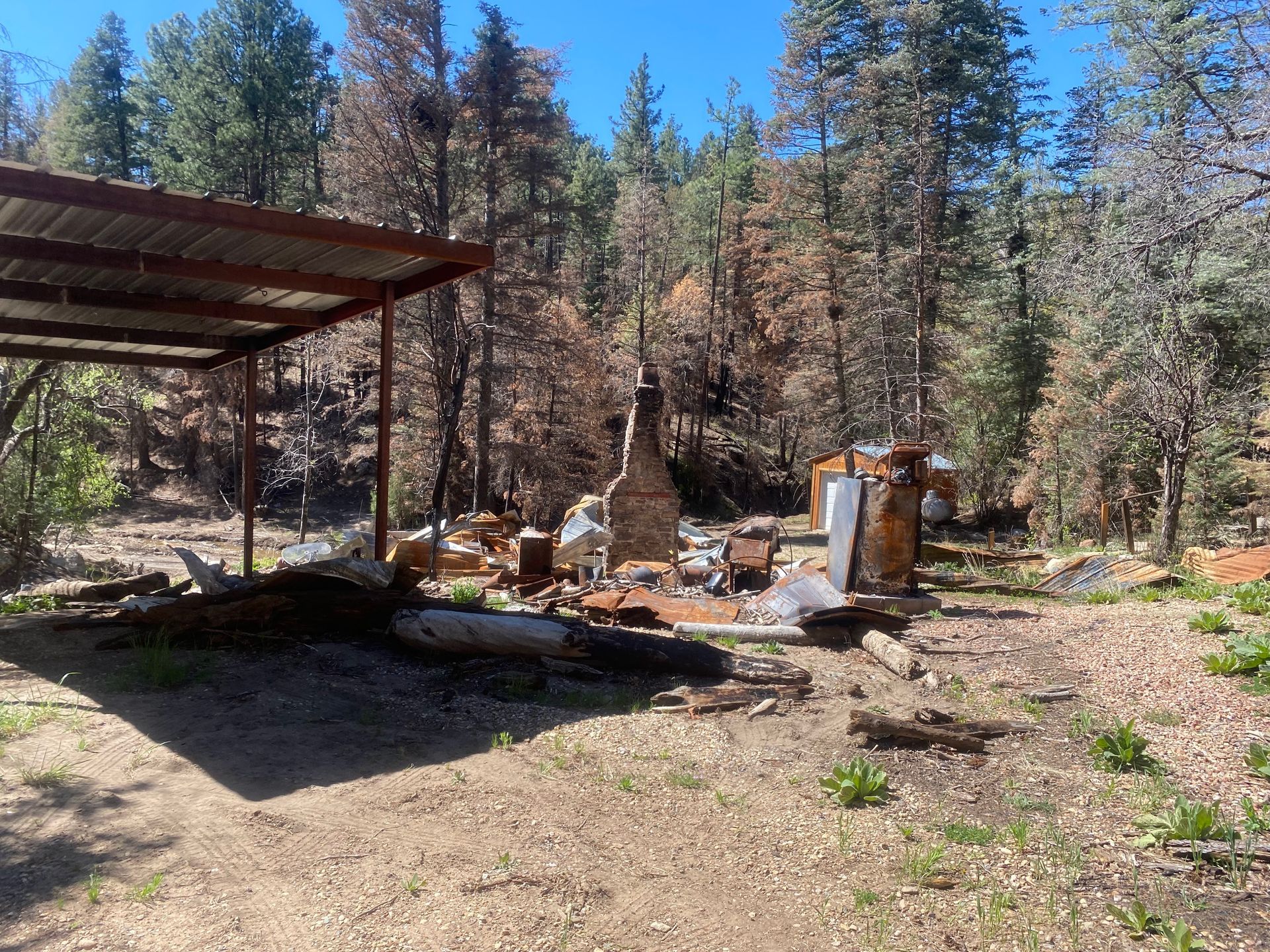 Ruined home surrounded by charred trees and debris, under a metal carport in a forest.