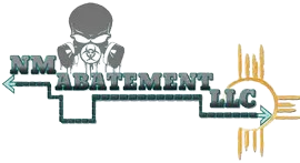 Logo for NM Abatement LLC. Features a gray biohazard-suited figure, teal text, the New Mexico Zia symbol, and arrows.