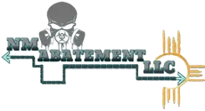 Logo for NM Abatement LLC. Features a gray biohazard-suited figure, teal text, the New Mexico Zia symbol, and arrows.