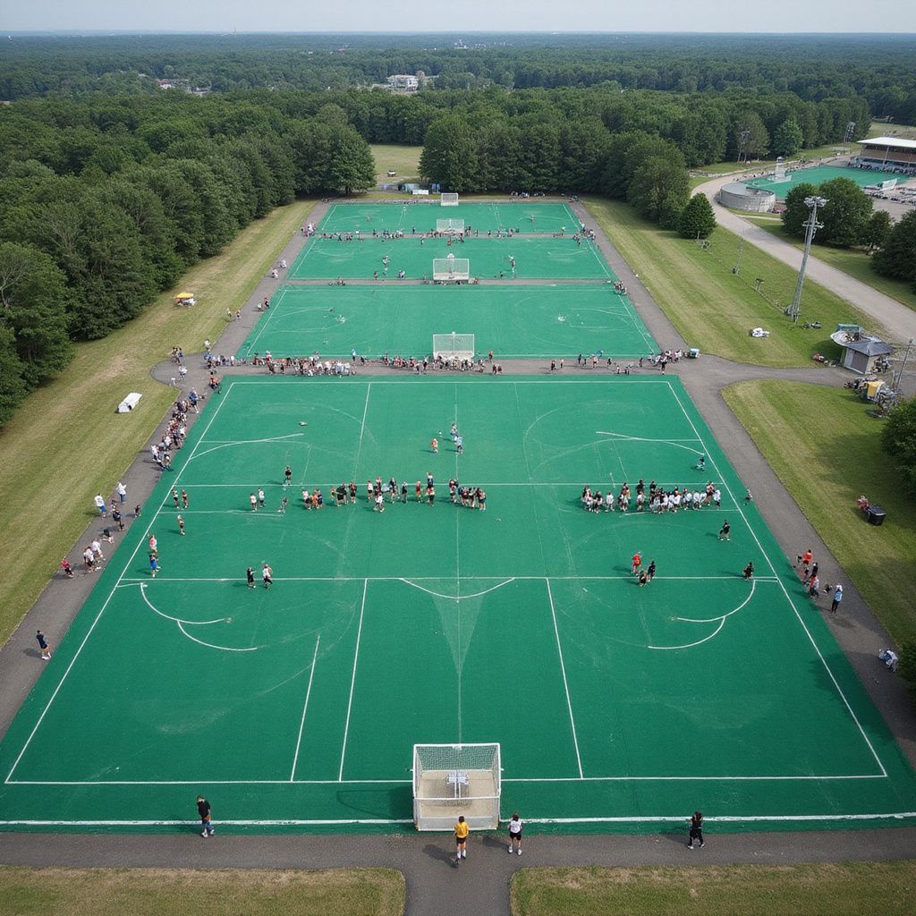 Aerial view of multiple green lacrosse fields, with people playing. Surrounded by trees and buildings.
