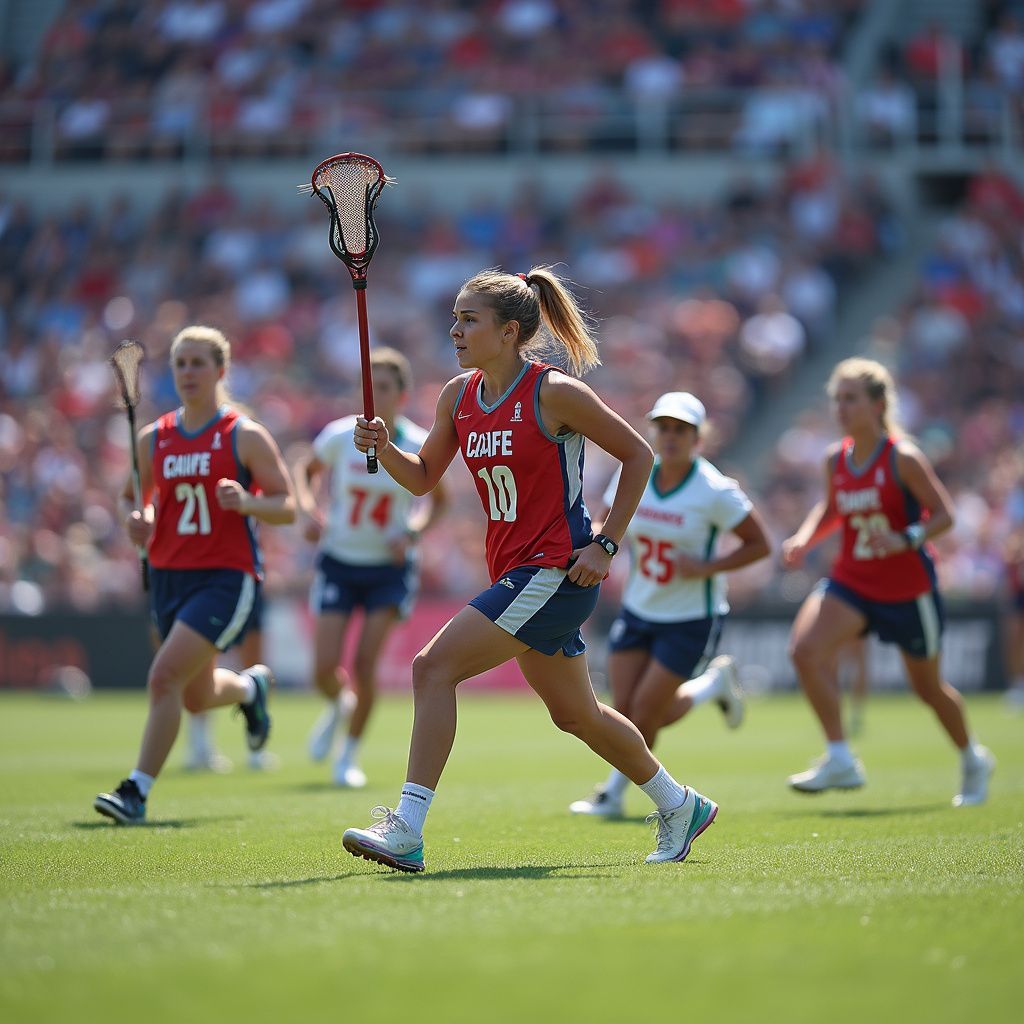 Lacrosse players in red and blue uniforms run on a green field, one with a stick.