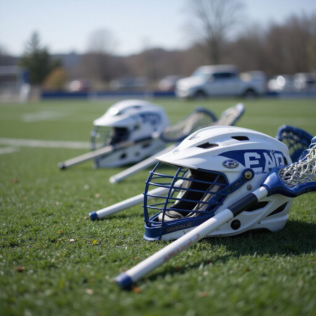 Two white and blue lacrosse helmets with sticks on a green field.