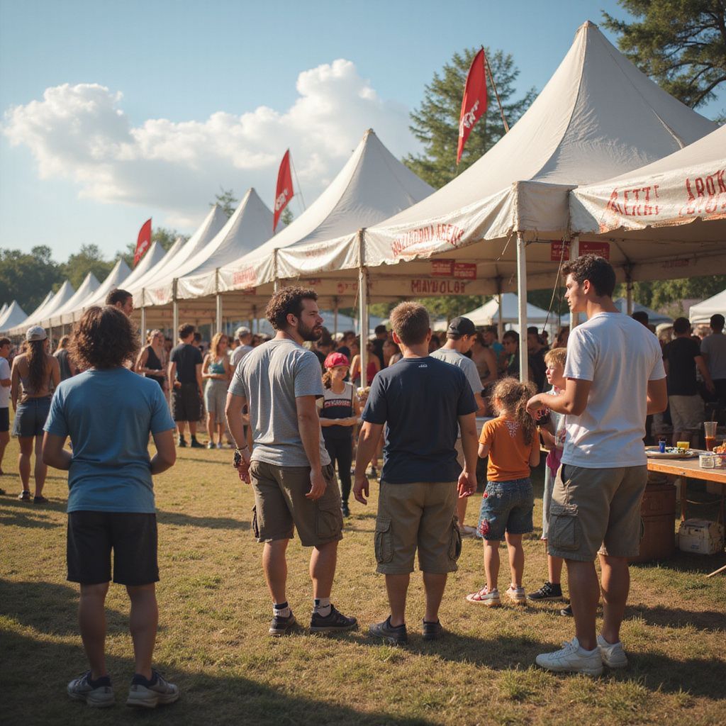 People gather near white tents at an outdoor event on a sunny day.