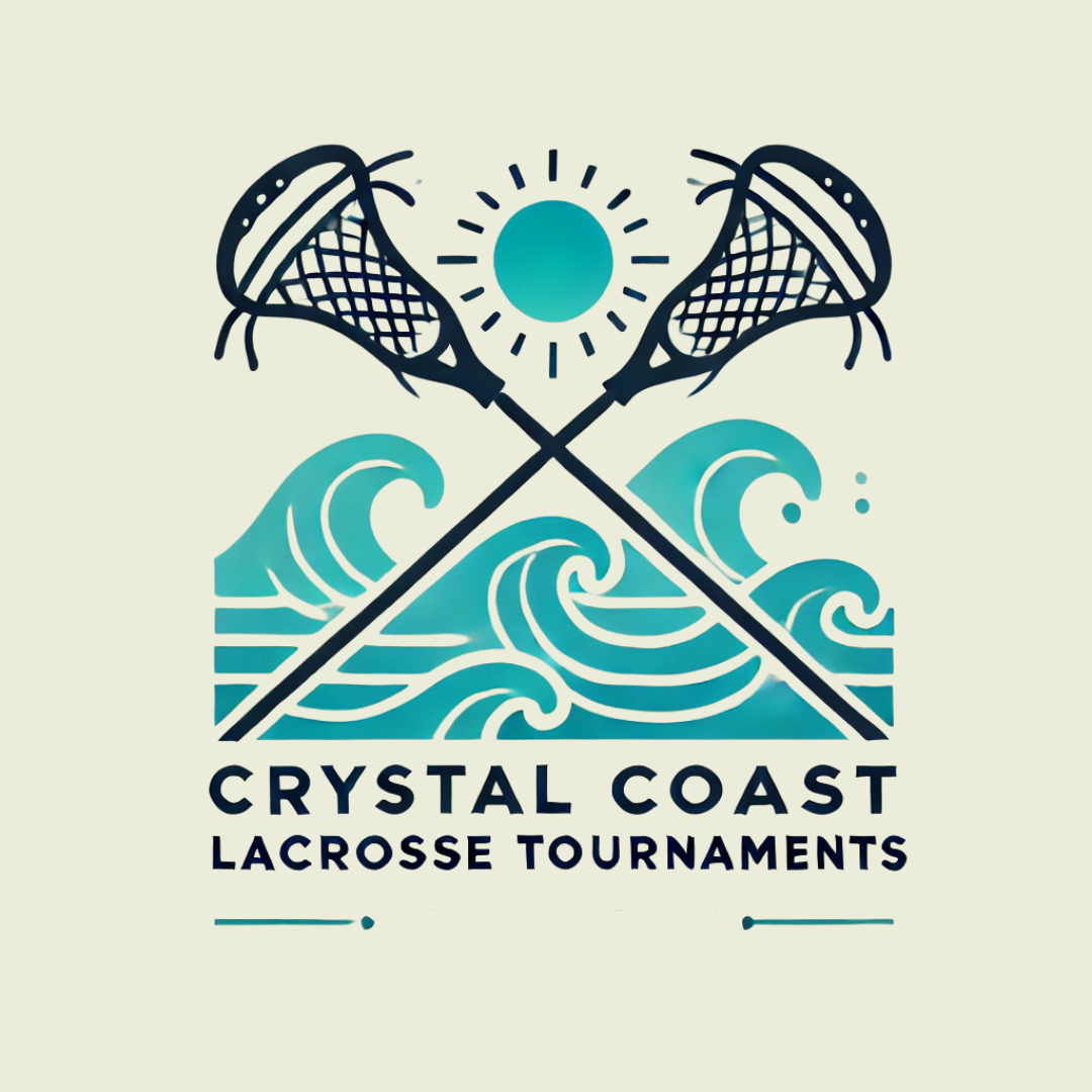 Crystal Coast Lacrosse Tournaments logo: crossed lacrosse sticks, sun, waves, and text.
