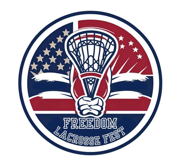 Freedom Lacrosse Fest logo: lacrosse stick graphic over a US flag design.