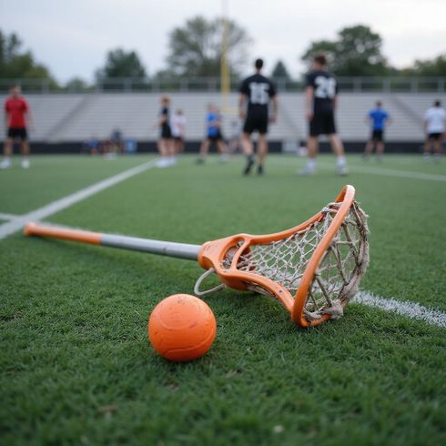 Lacrosse stick and ball on a green field with players in the background. Orange and white.