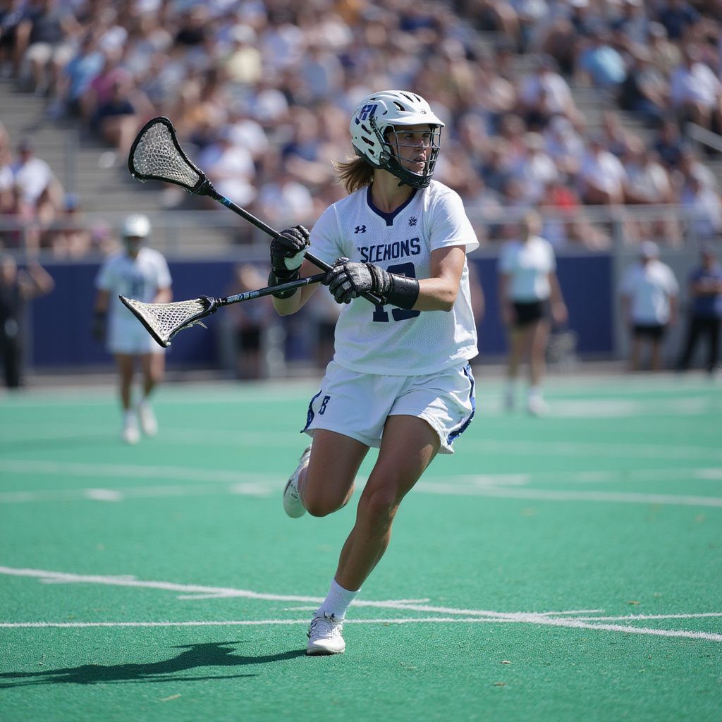 Lacrosse player in white uniform runs on green field, holding two lacrosse sticks.