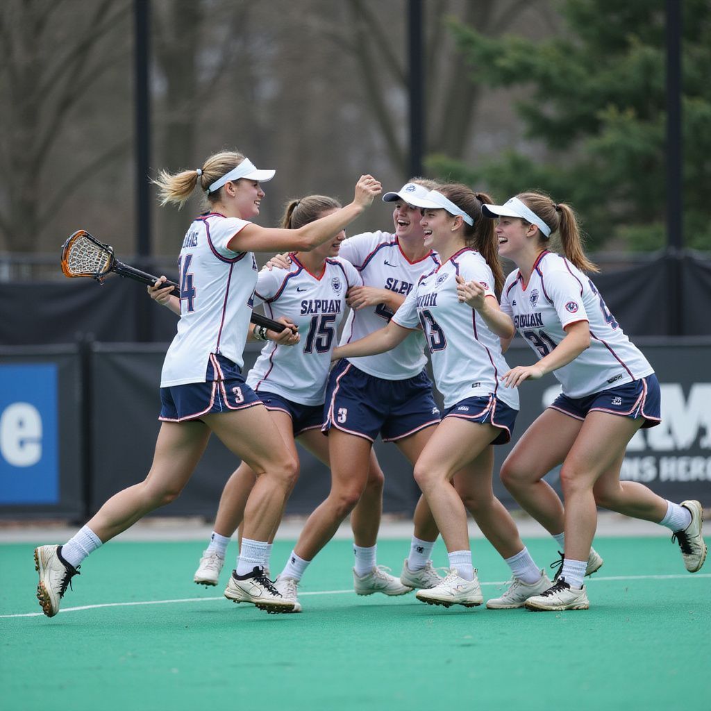 Lacrosse players in white and blue uniforms celebrating on a green field.