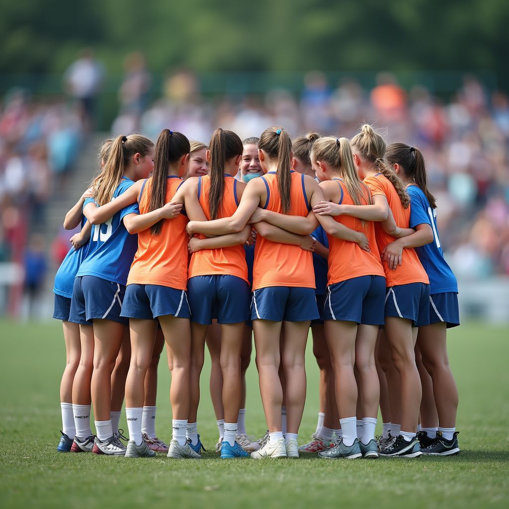 Women's lacrosse team huddles together on a grassy field, wearing blue and orange uniforms.
