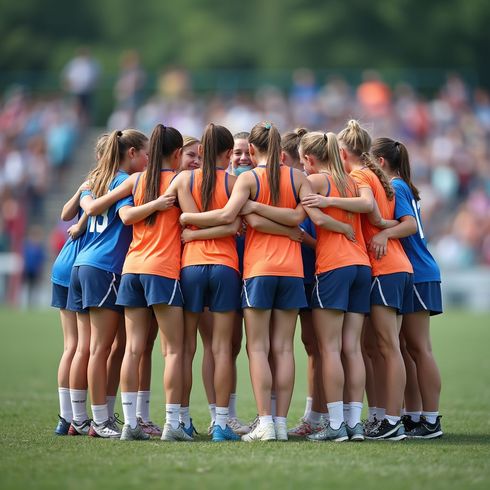 Women's lacrosse team huddles together on a grassy field, wearing blue and orange uniforms.