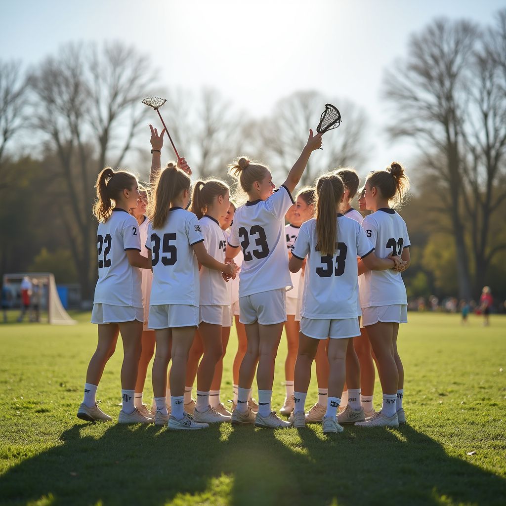Lacrosse team huddles on a green field in white uniforms, one raising a stick with joy.