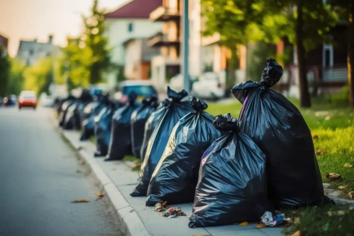 Row of heavy-duty black garbage bags lined up along a suburban street.