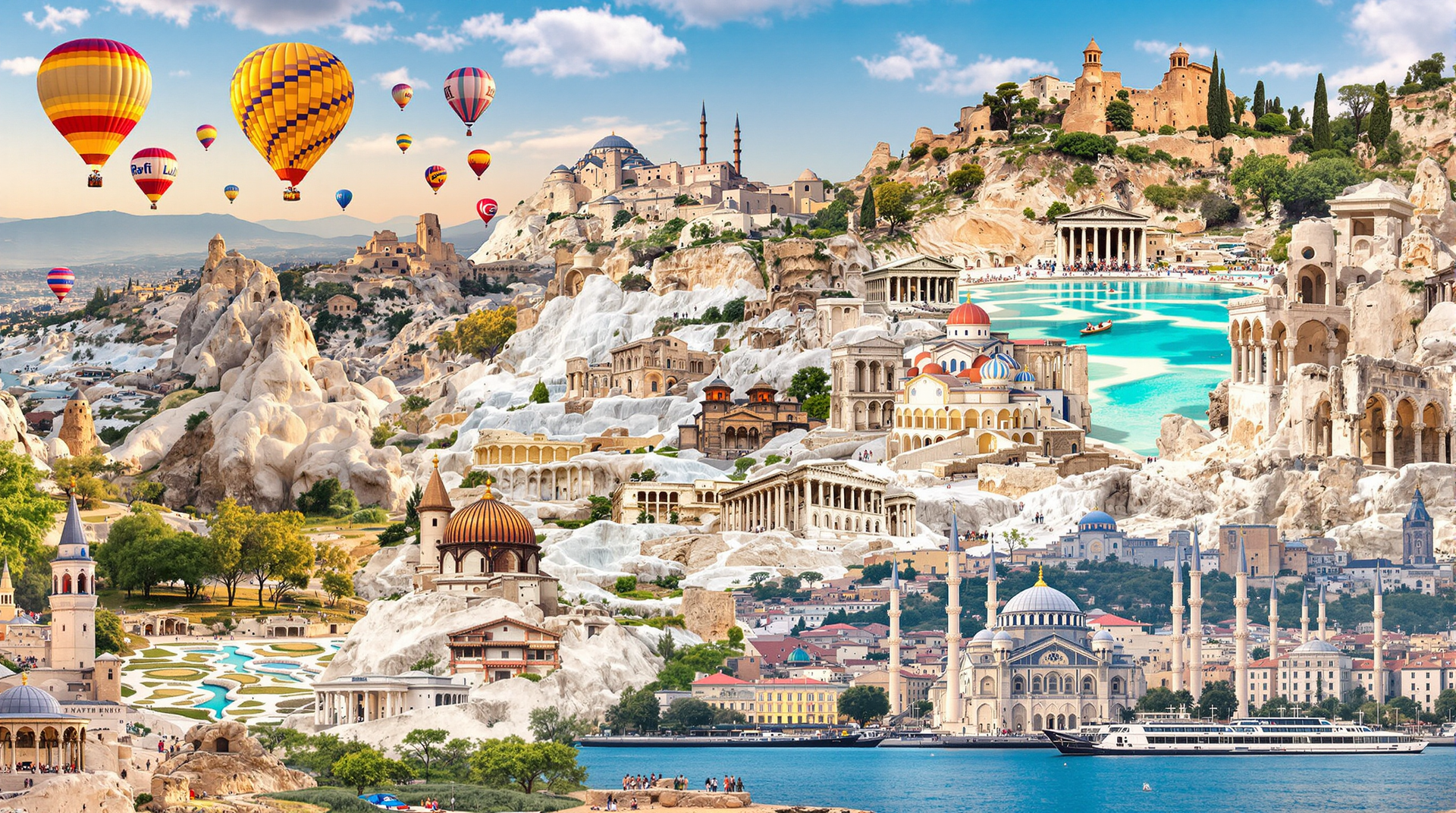 Collage of top travel destinations in Turkey including Cappadocia, Pamukkale, Ephesus, and Istanbul.