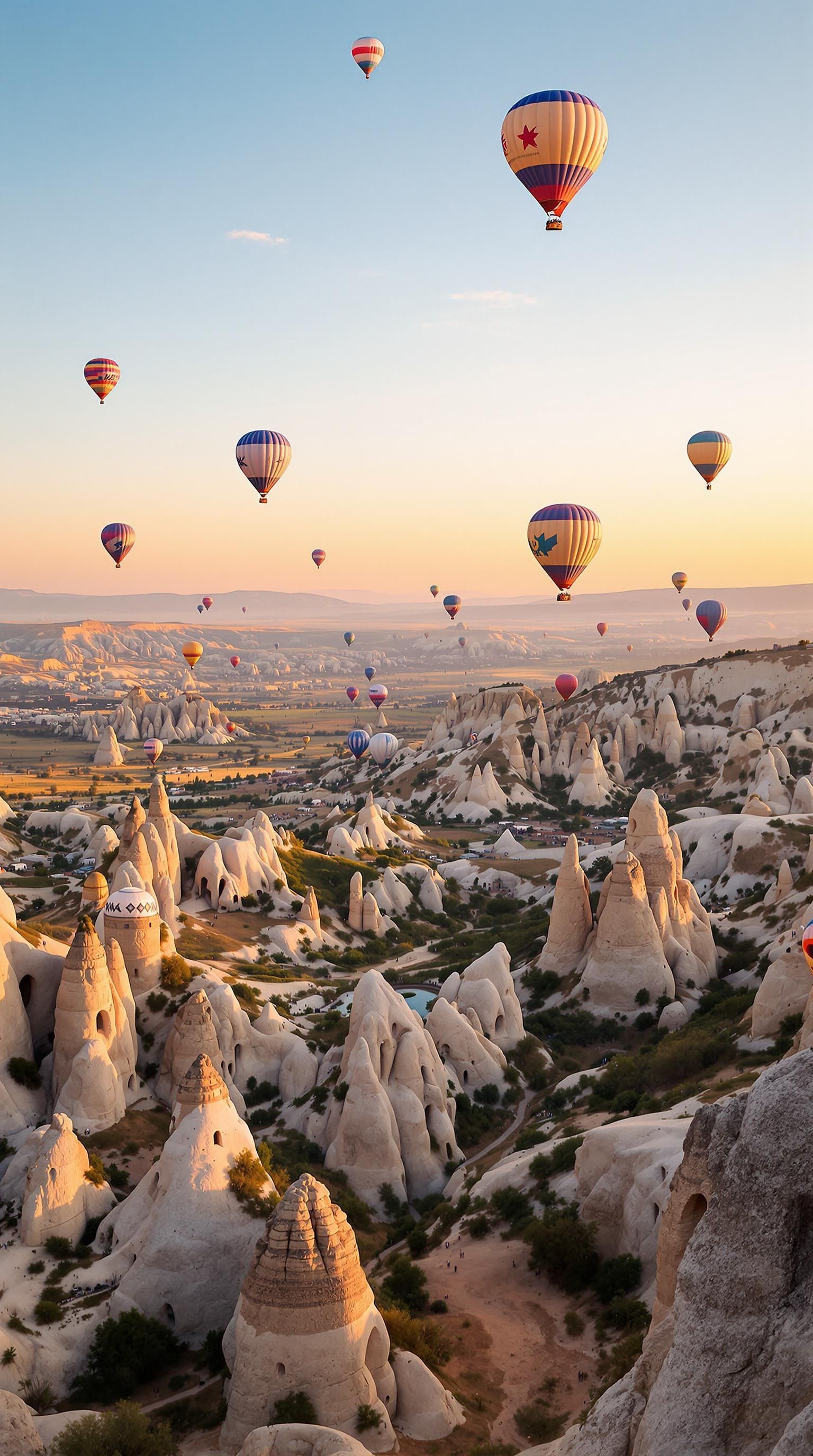 Breathtaking sunrise in Cappadocia with hot air balloons.