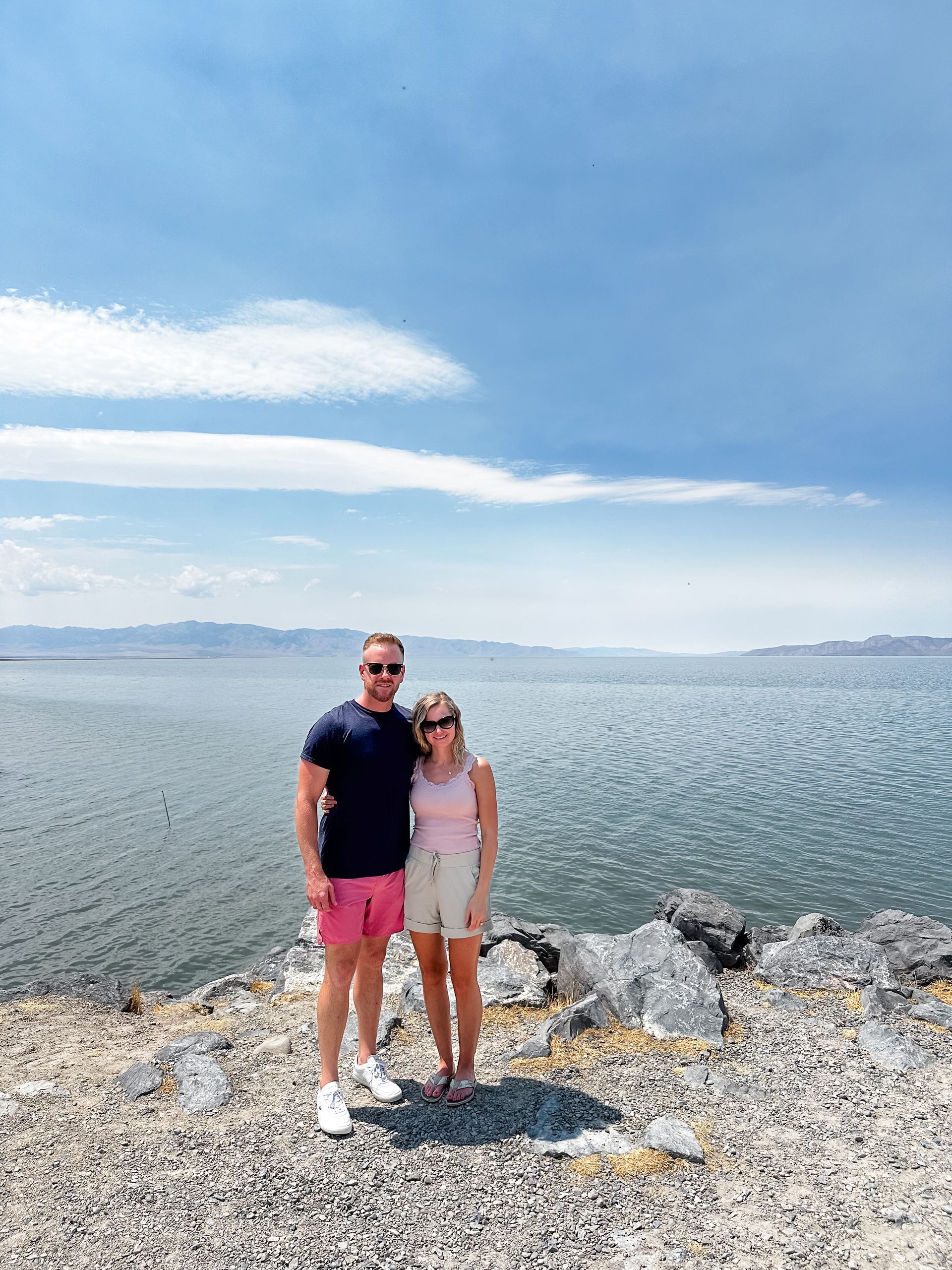Great Salt Lake's expansive salt flats under a clear sky