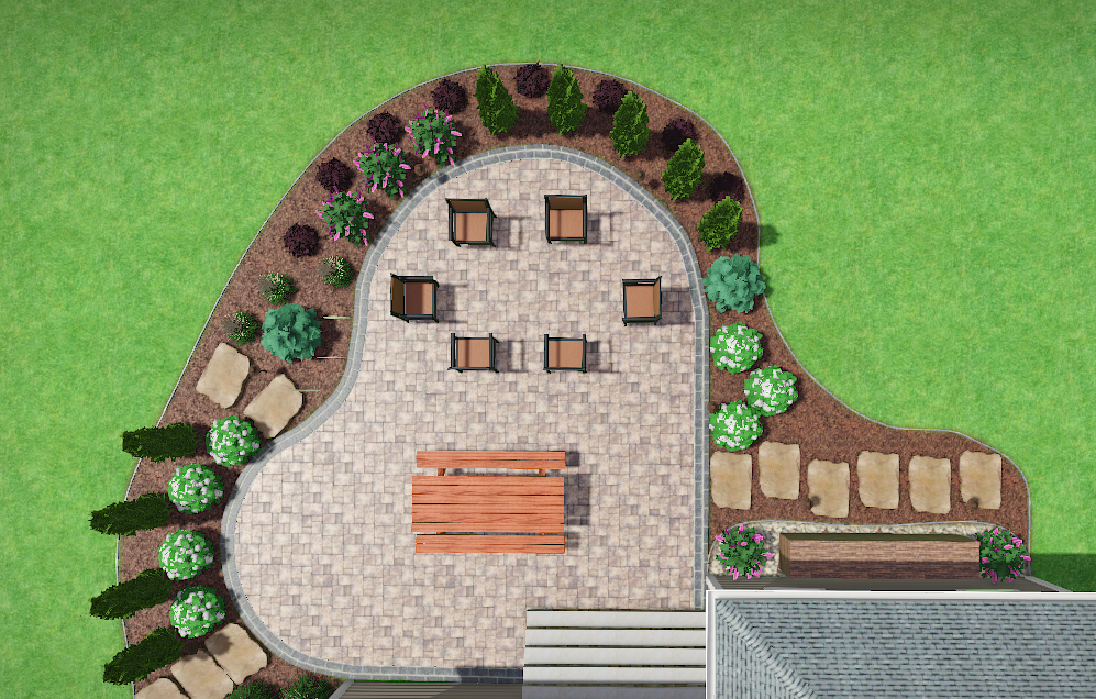 An aerial view of a heart shaped patio with flagstone walkway and plantings. 