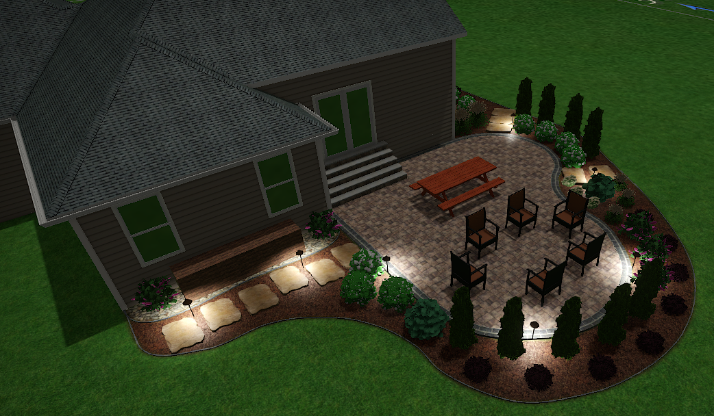 3D landscape design with edging, plants, and patio in Fort Wayne- Accent with Landscape lighting