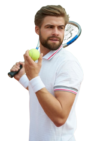 Man with beard holding tennis ball and racquet, wearing white polo shirt, looking to the side.