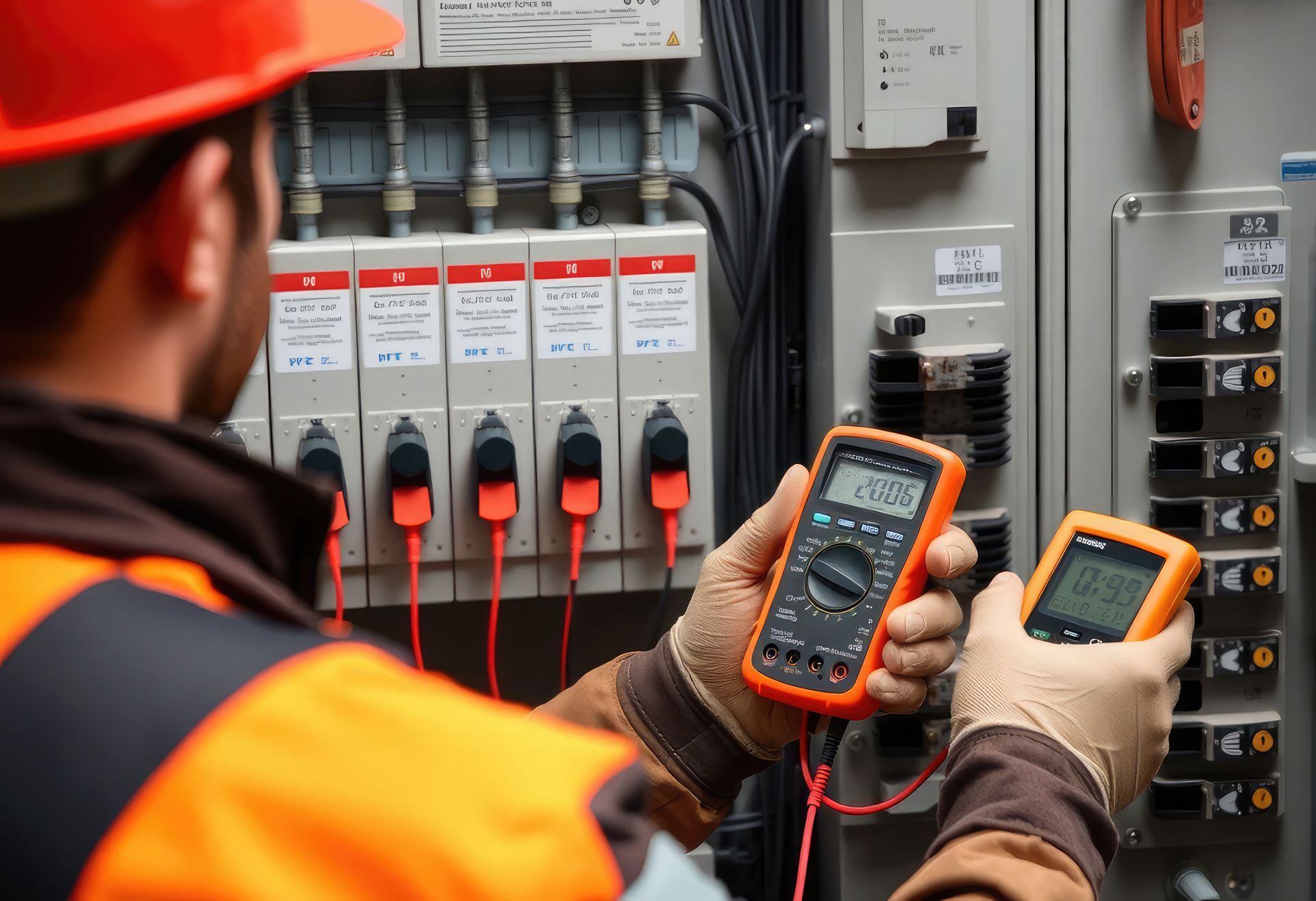 A man is holding a digital multimeter in front of an electrical box.