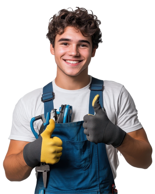 A young man in overalls and gloves is giving a thumbs up.