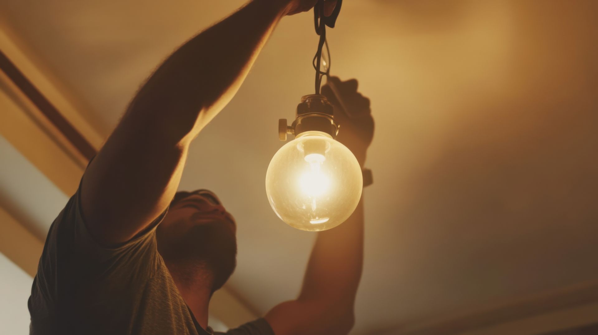 A man is hanging a light bulb from the ceiling.