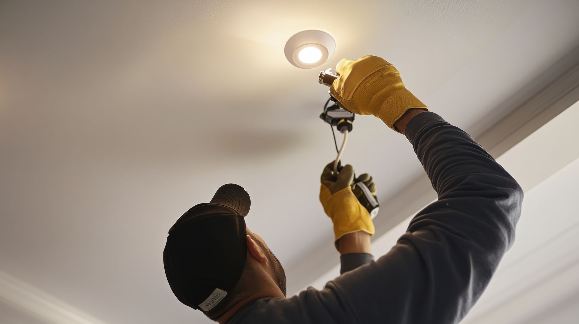 A man is fixing a light fixture on the ceiling.