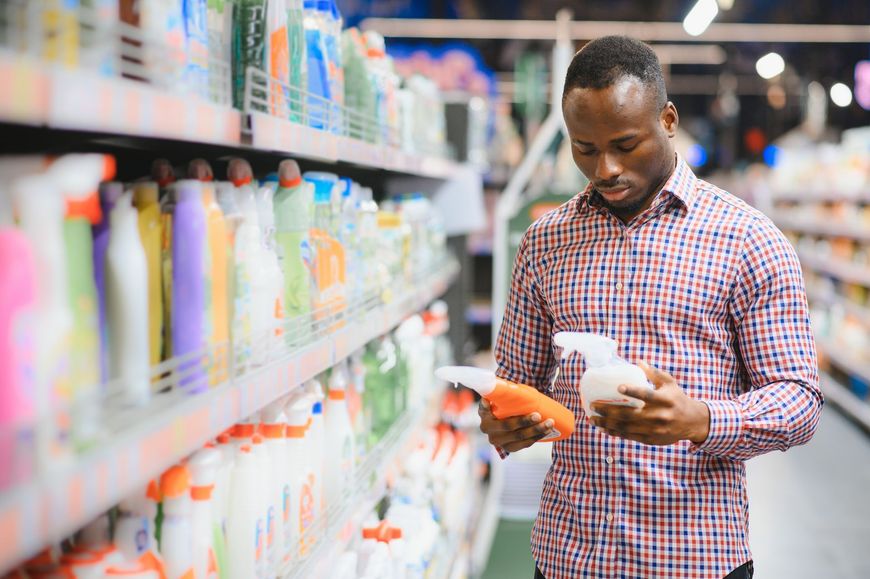 Man in plaid shirt comparing cleaning products in a supermarket aisle.