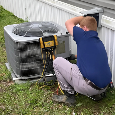 LCS Heating and Cooling - A man is kneeling down in front of an air conditioner.