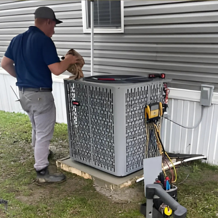LCS Heating and Cooling - A man is working on an air conditioner outside of a house