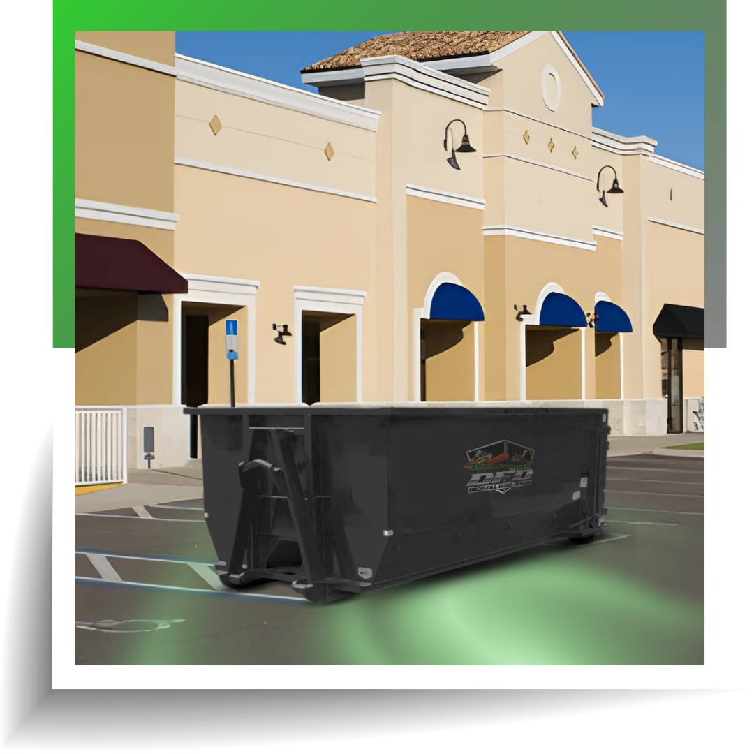 dumpster in front of a store