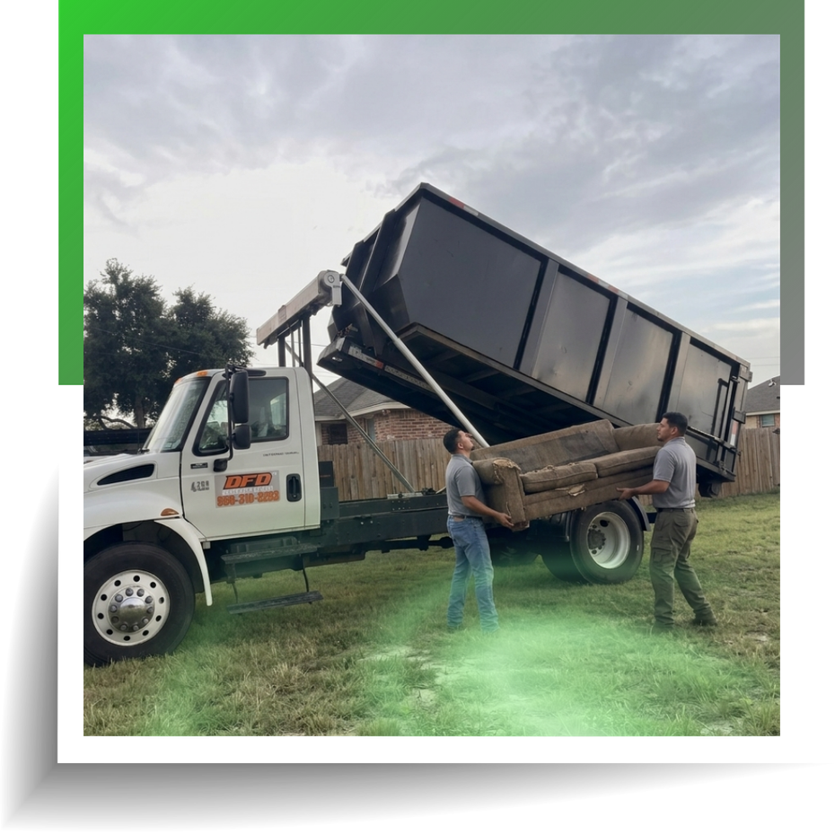 An image of two men carrying junk sofa with a dump truck behind them