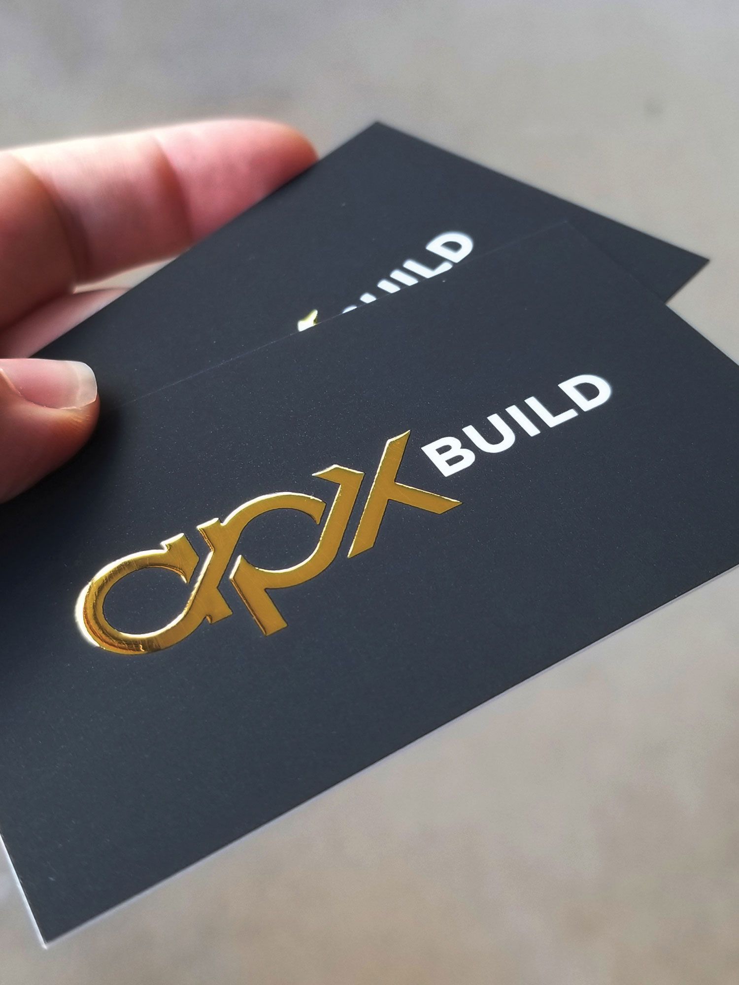 apx build, custom logo design, business card printing with gold foil