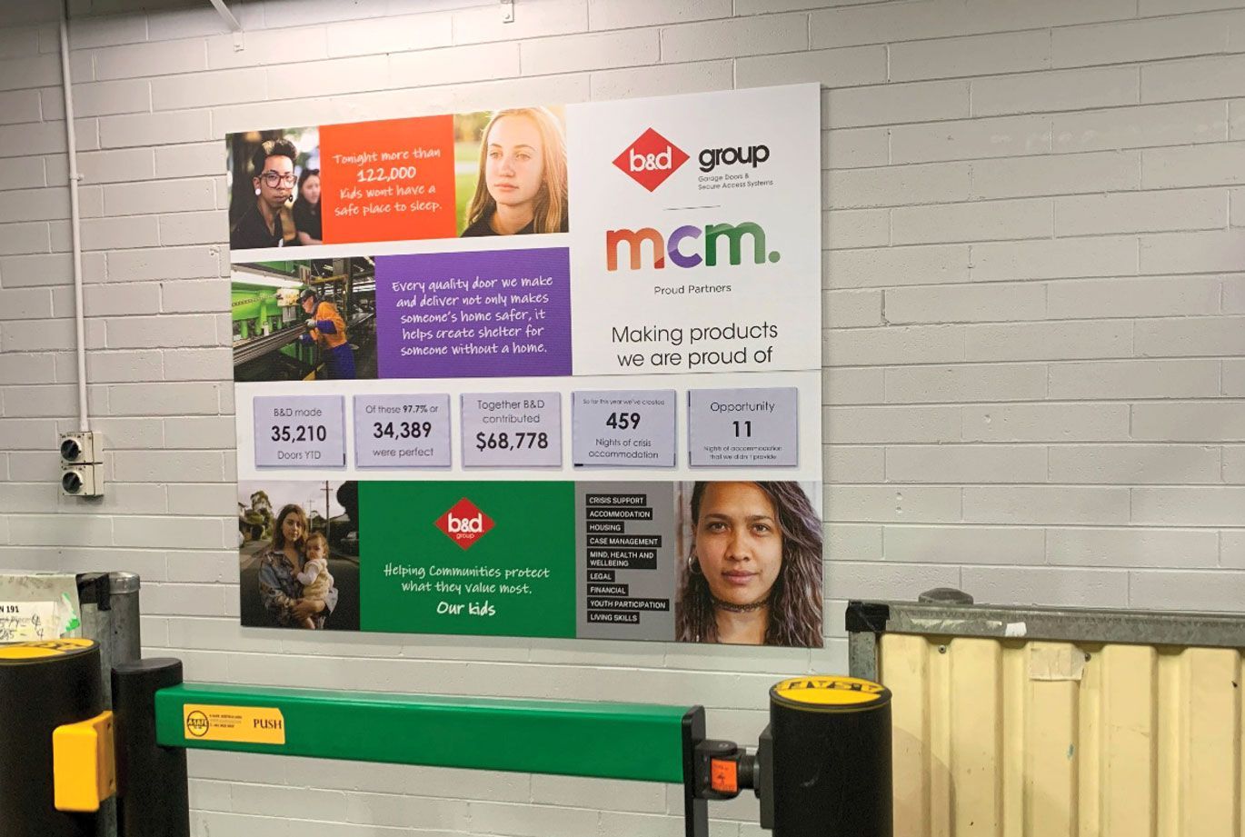 b and d garage large printed charity work signage