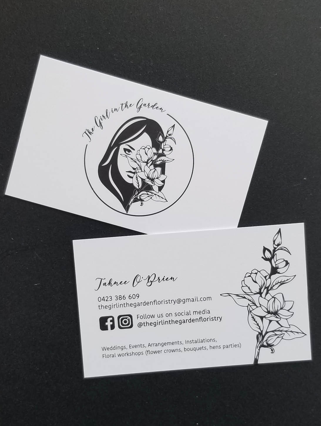 Sydney graphic design business, logo design, girl in the garden, business card design, business card printing, florist logo