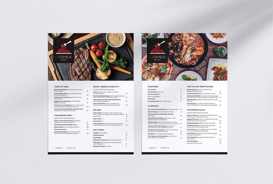 Graphic design business Sydney, menu design, a4 menu design, Sydney menu designer