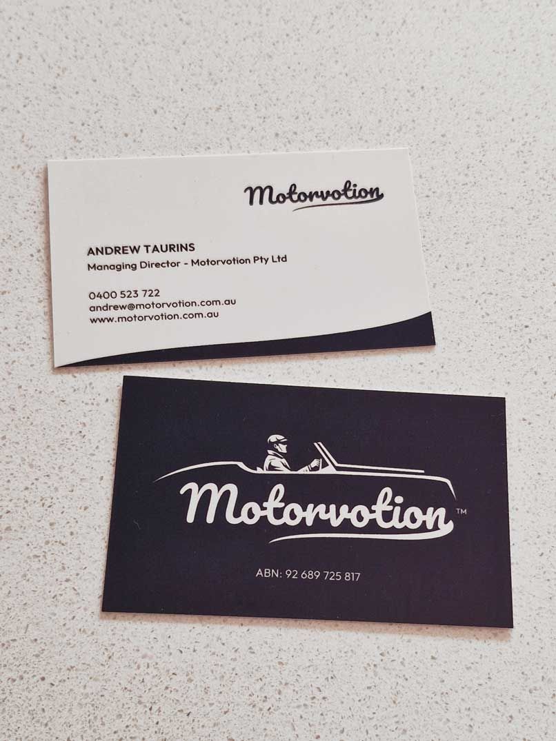 logo design, business card design, motorvotion, Sydney graphic design, printed gloss business cards, original logo