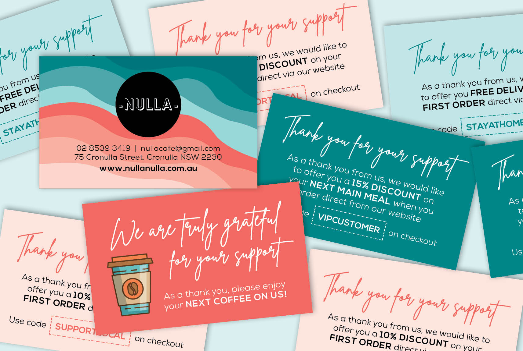 nulla nulla cafe, branding colour palette, Sydney graphic design, logo design, coffee card design, coffee card printing