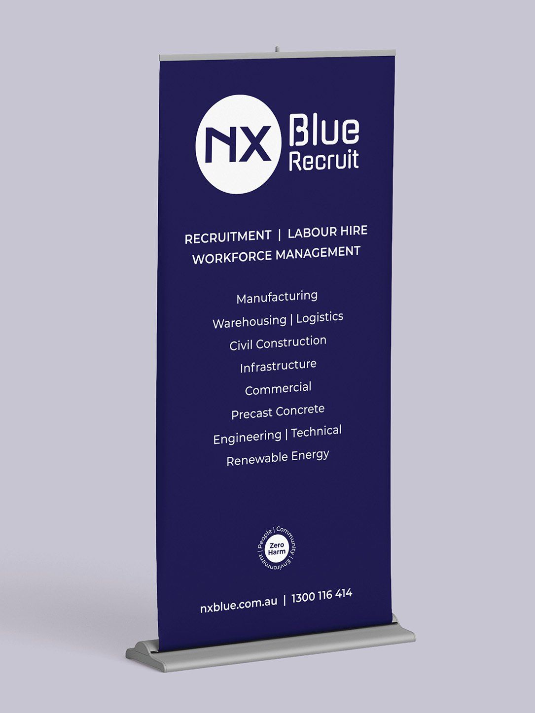 nx blue recruit, logo update, Sydney graphic design, logo design, recruitment branding, pull up banner design and print