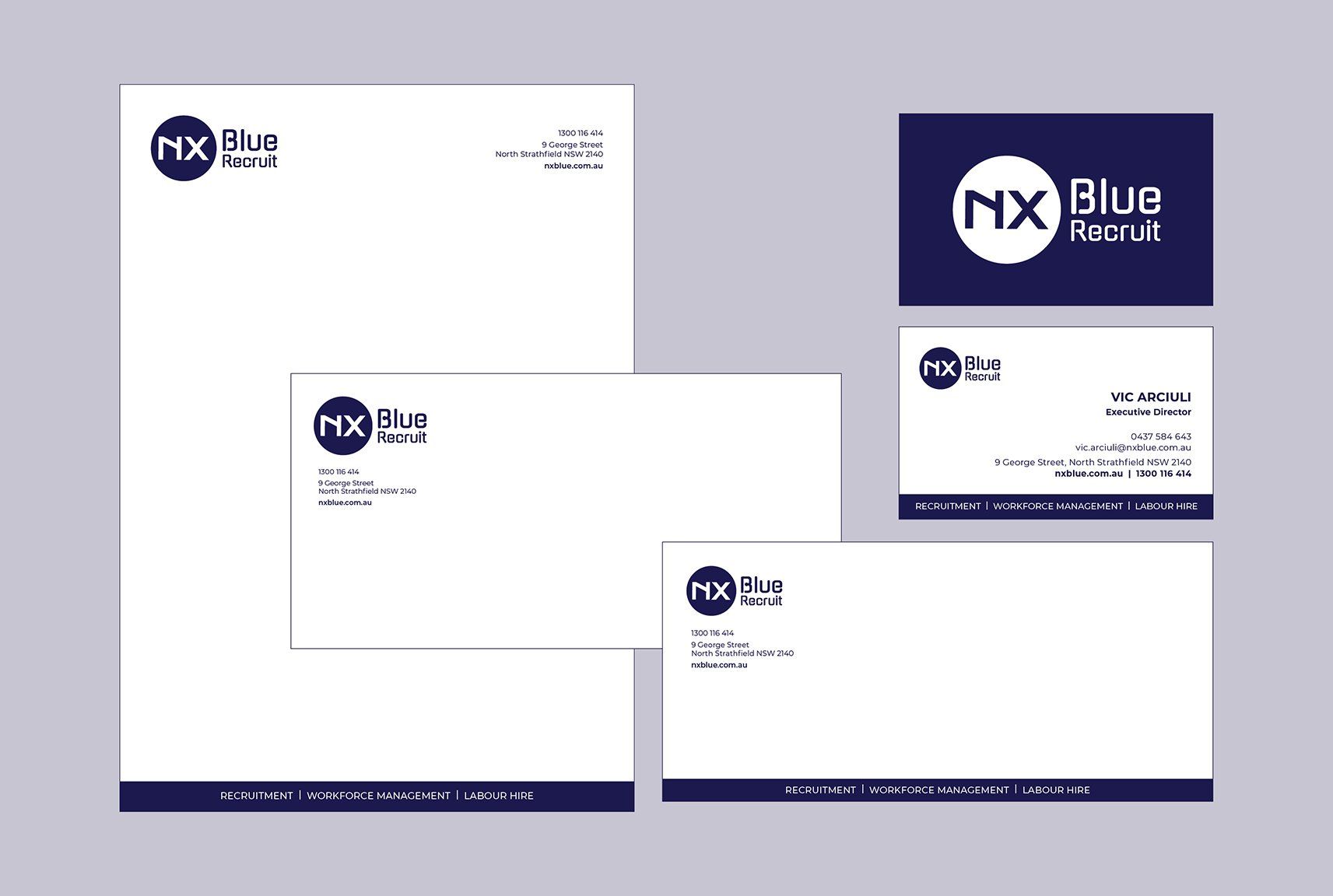 nx blue recruit, logo update, Sydney graphic design, logo design, recruitment branding, stationery design, business card