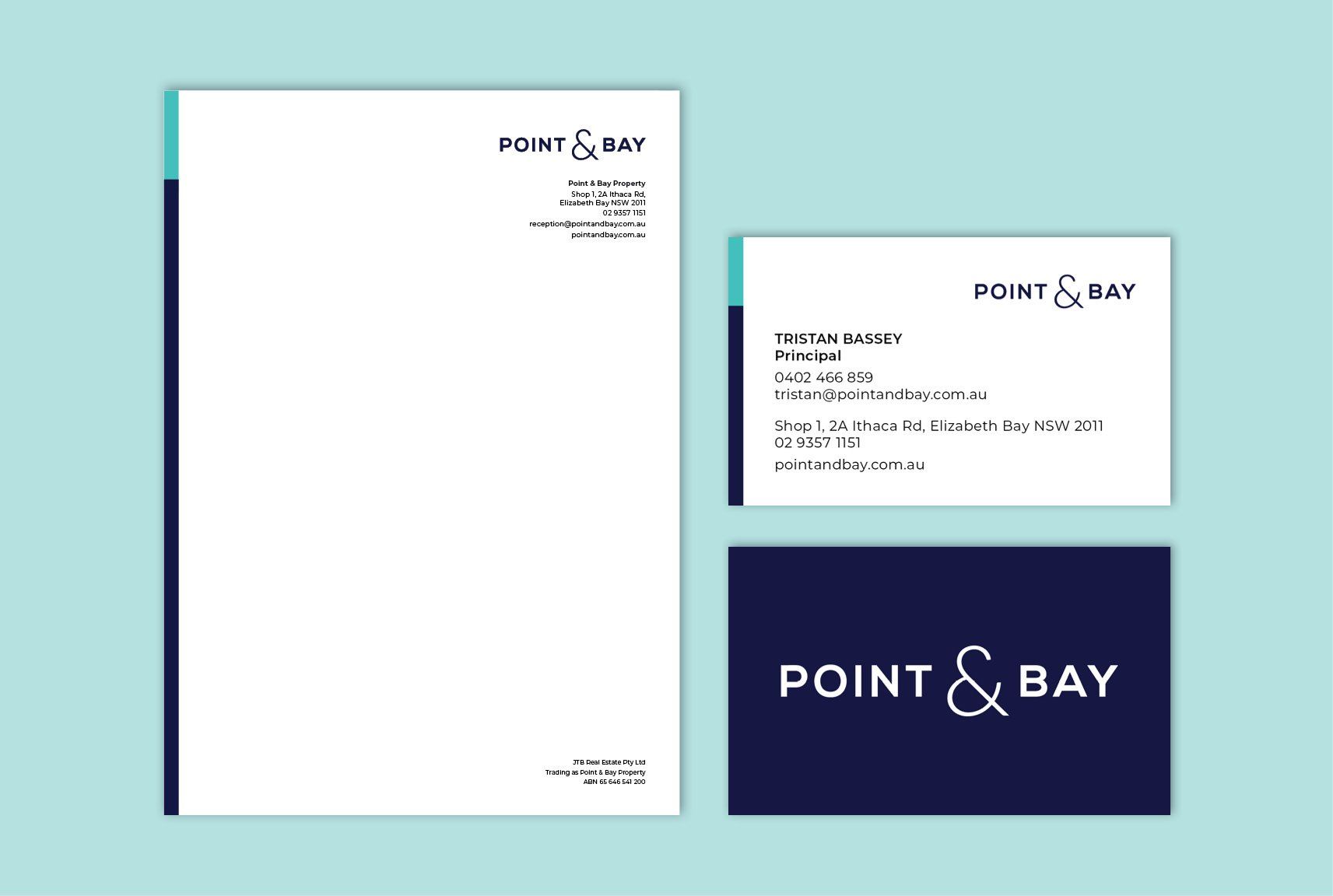 point & bay property, custom logo design, Sydney graphic design business, business branding, letterhead, business card design