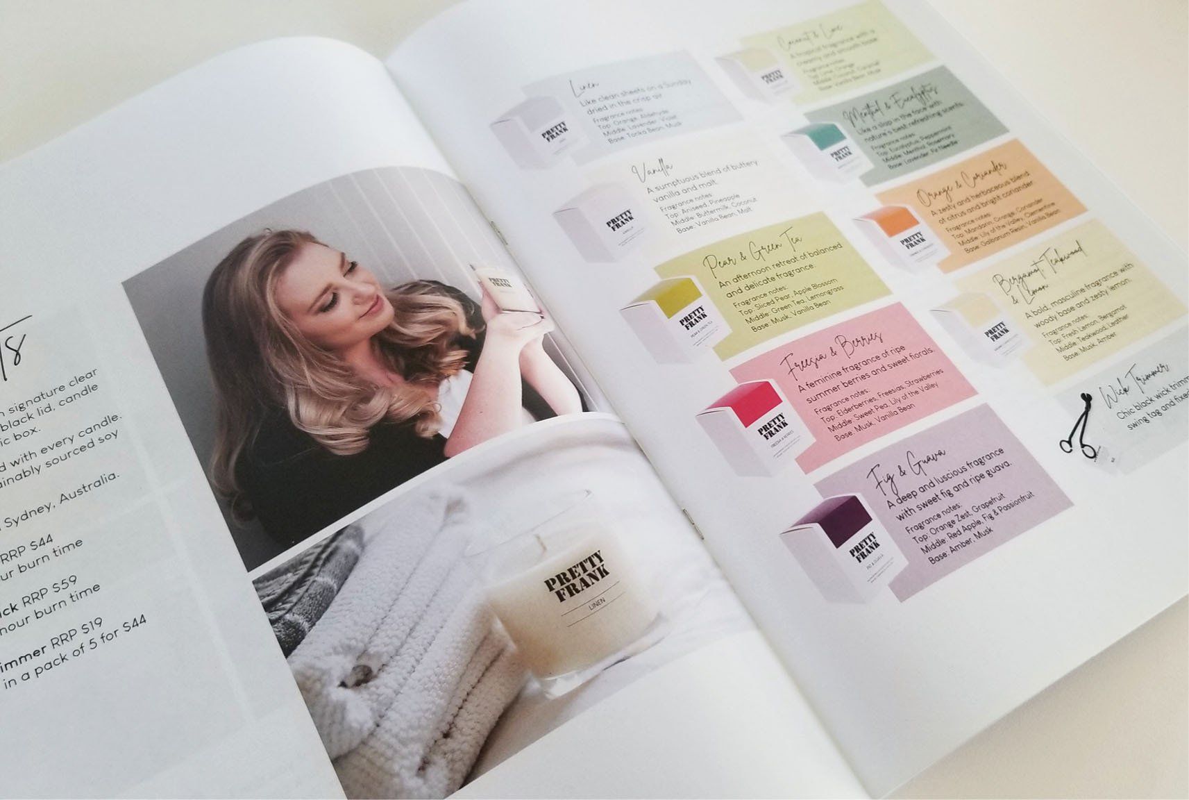 Sydney graphic design business, corporate design, pretty frank candle brochure, a4 document design
