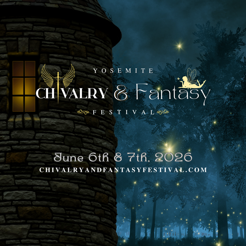 A stone castle tower at dusk with fireflies in a dark forest. Text advertises the Yosemite Chivalry & Fantasy Festival.