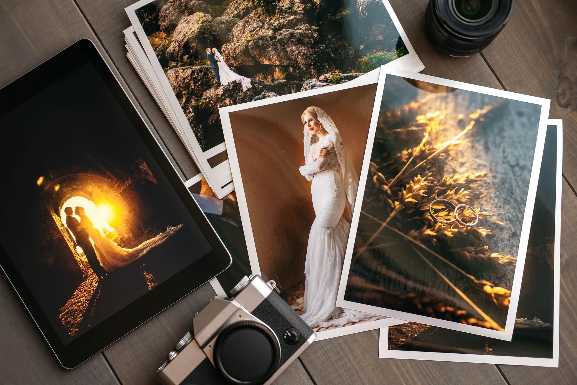 A tablet displaying a wedding photo sits on a wooden table beside a camera.