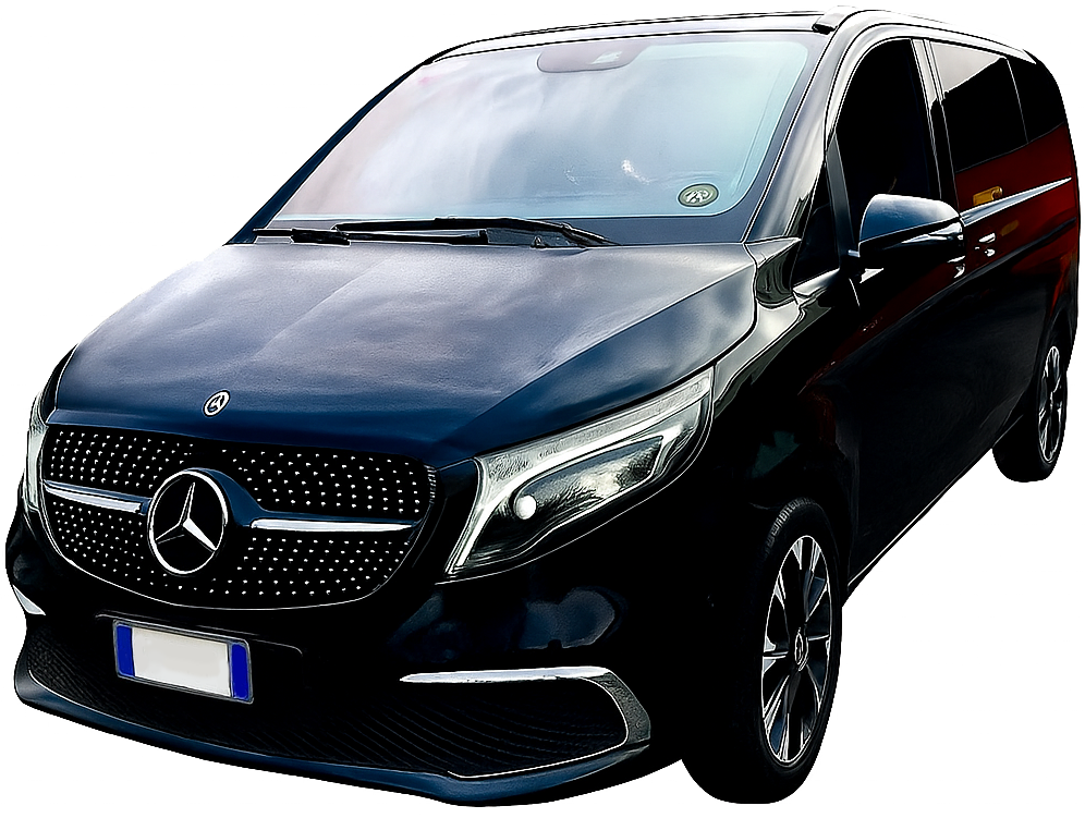 Minivan Mercedes-Benz nero con griglia e fari cromati; targa blu.