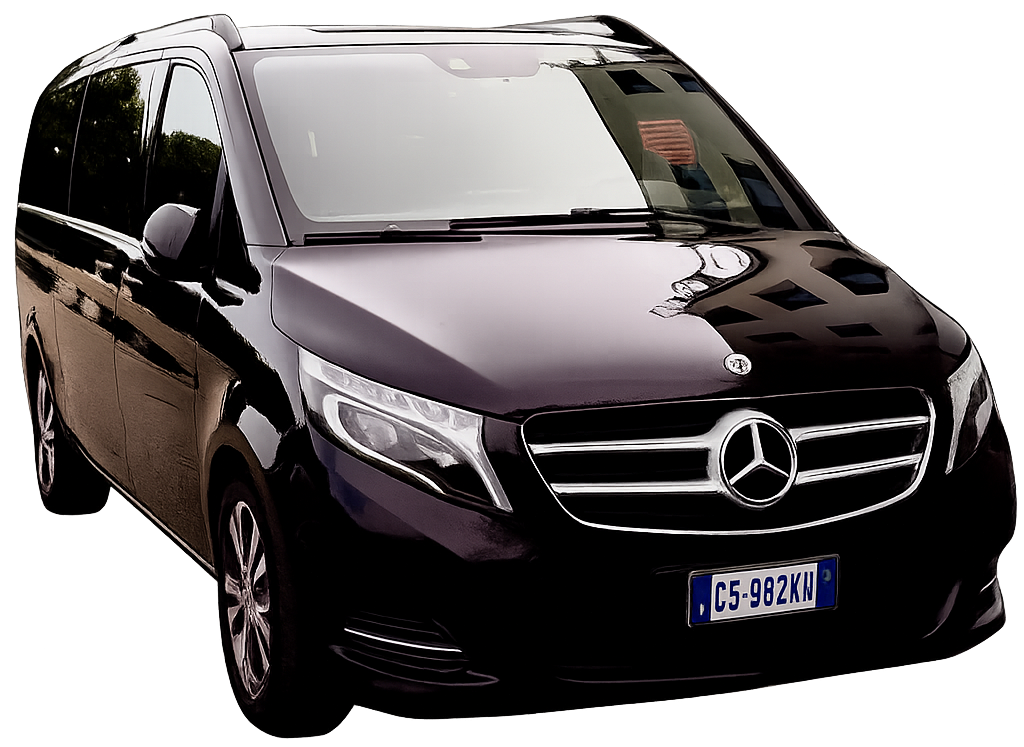 Minivan Mercedes nero, vista frontale, targa CS-862KA.