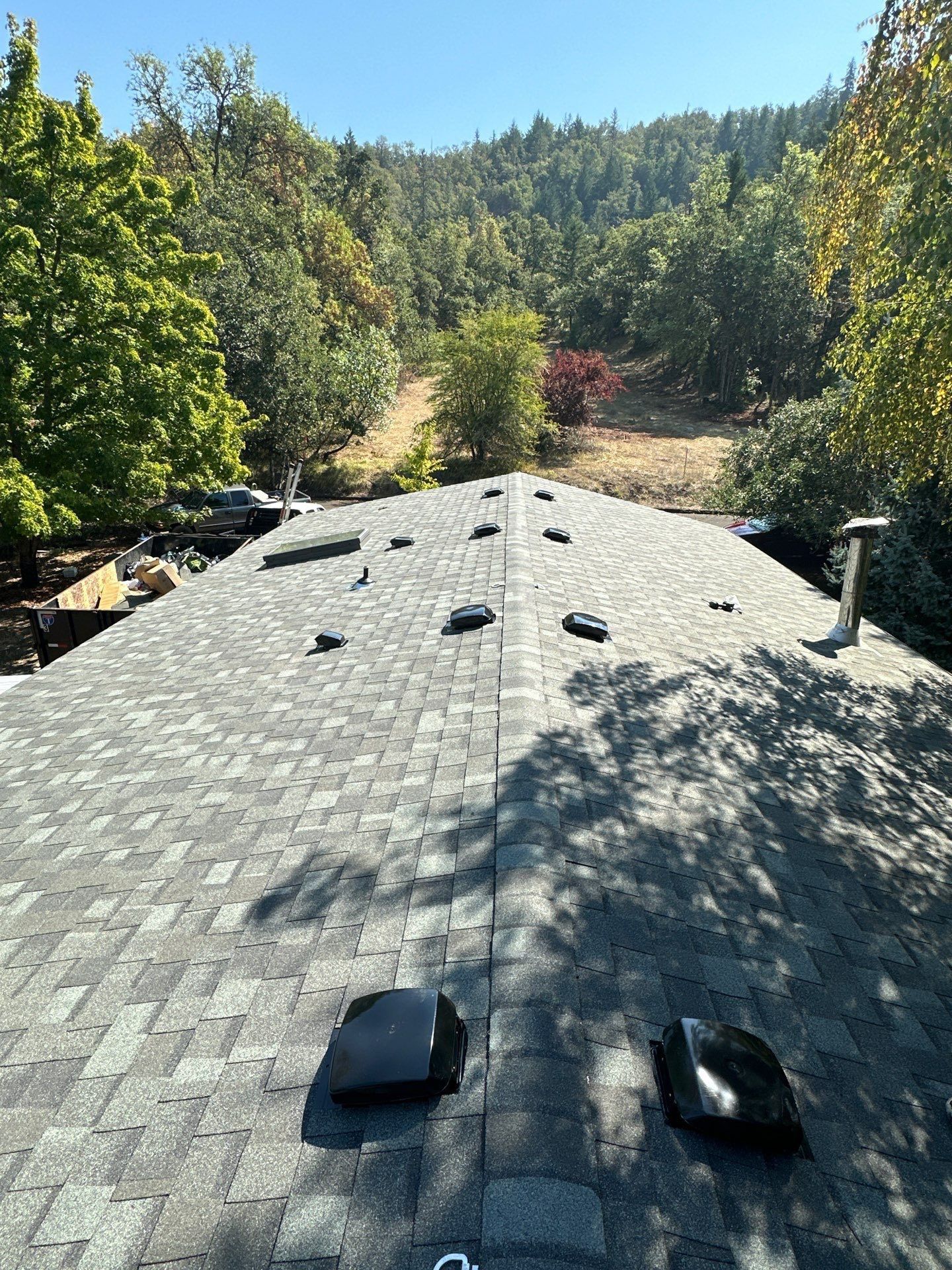 Gray shingled roof with multiple vents against a backdrop of trees and a sunny sky.