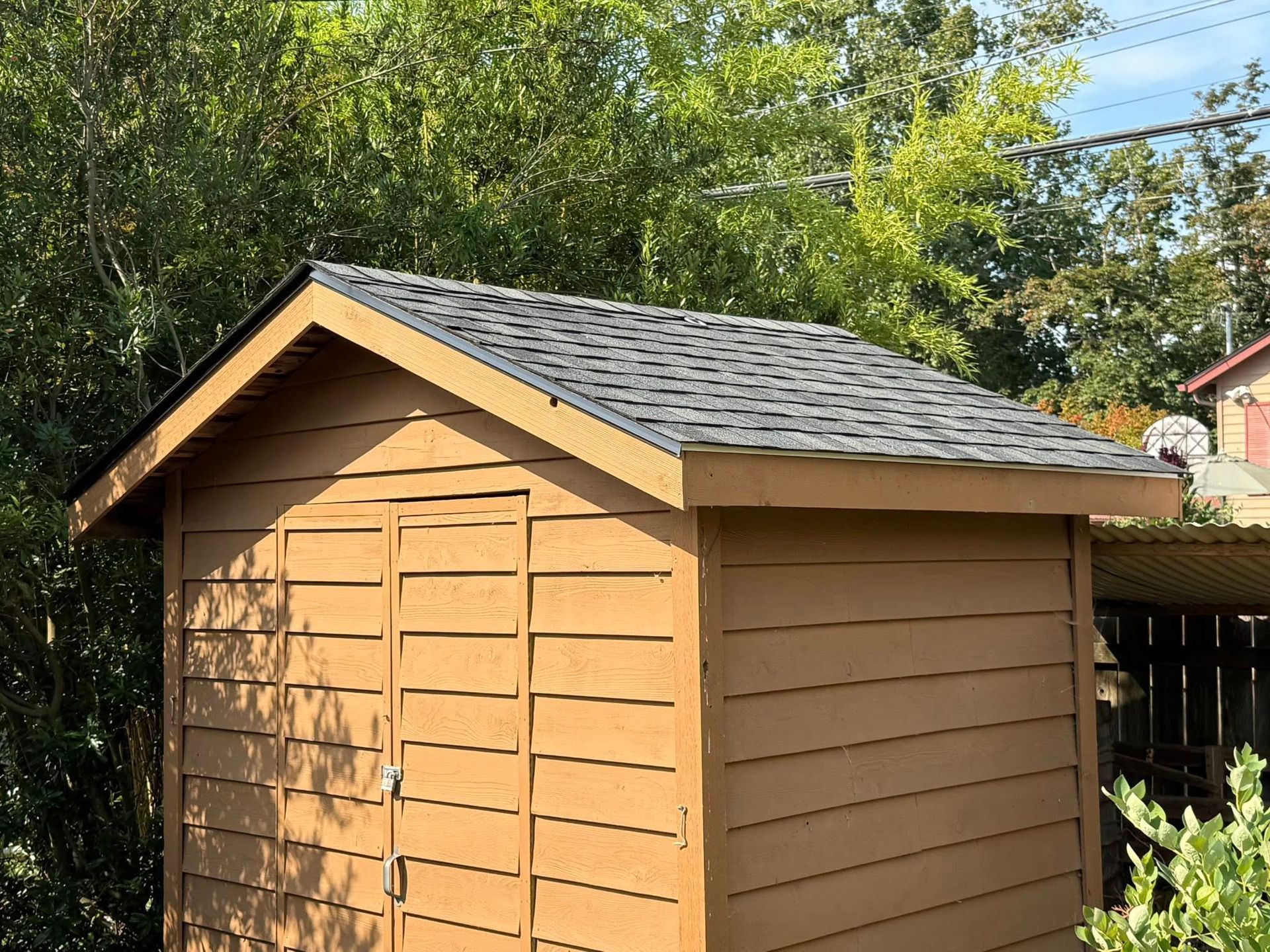 Tan wooden shed with black shingle roof, surrounded by green foliage.