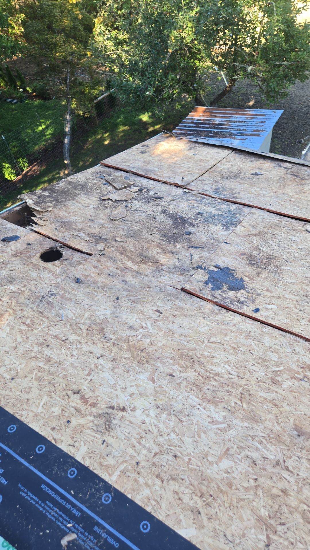 Partially roofed surface with exposed wood, trees in background.