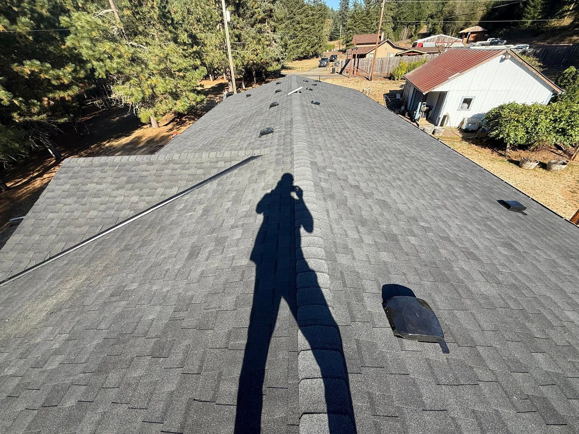 A person's shadow on a dark asphalt shingle roof. Sunny day, trees, and house in the background.